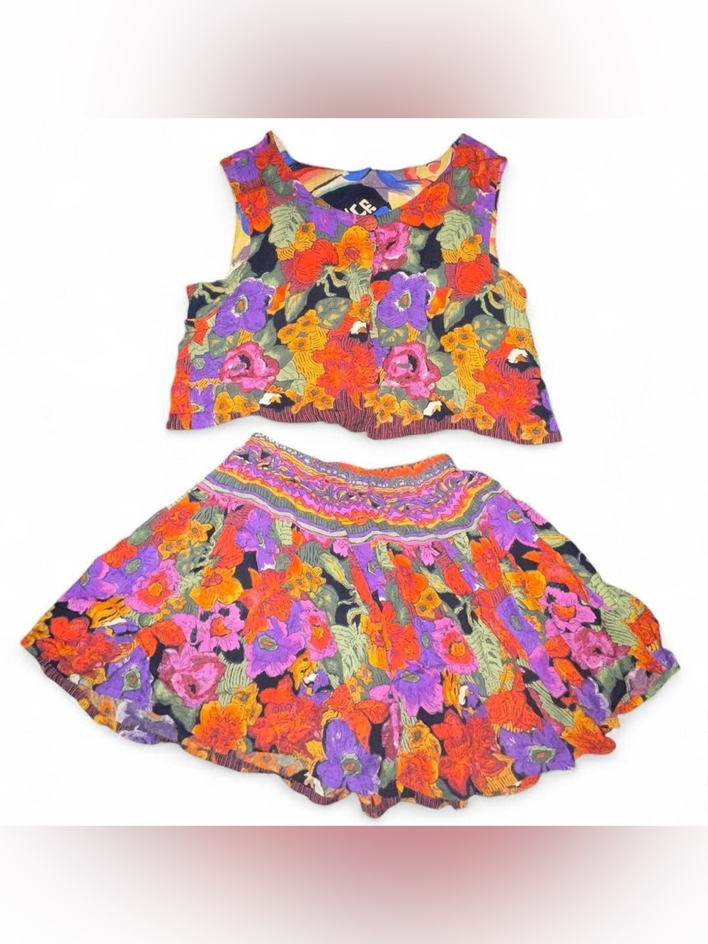 TRUE VINTAGE • 1980s/1990s Carole Little Floral Mini Skirt & Summer Crop Top Set
